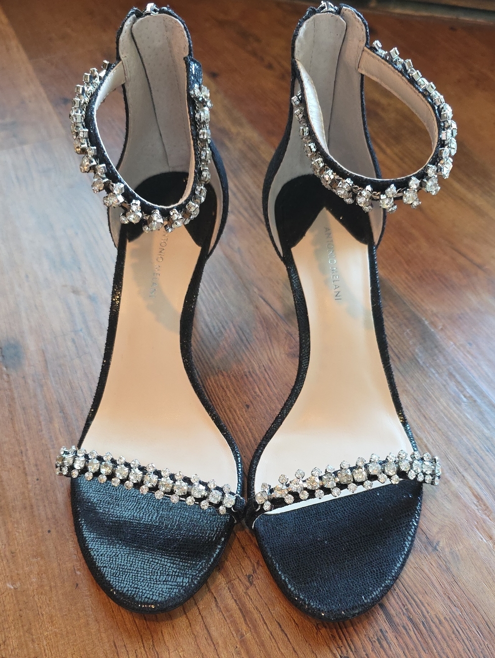 ANTONIO MELANI Black Jeweled Ankle-Strap Heels - Size 8